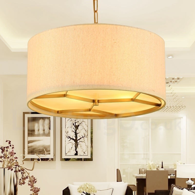 4 Light Retro Rustic Luxury Brass Pendant Lamp Chandelier with Fabric Shade