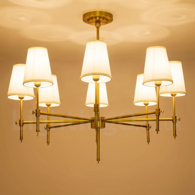 8 Light Retro Rustic Luxury Brass Pendant Lamp Chandelier with Fabric Shade