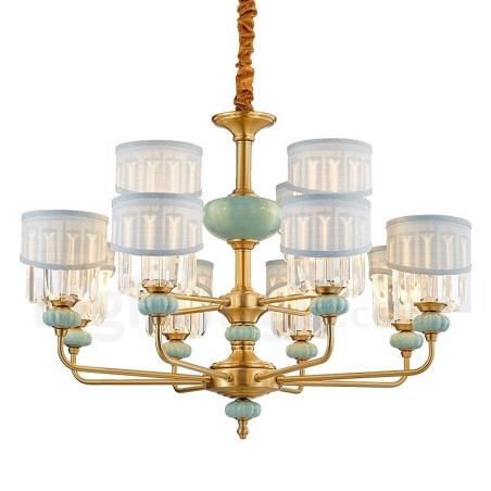 Pure Brass Luxurious Rustic Retro Vintage Brass Ceramics Pendant Candle Chandelier with Fabric and Crystal Shades