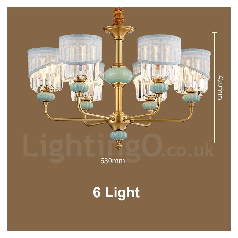 Pure Brass Luxurious Rustic Retro Vintage Brass Ceramics Pendant Candle Chandelier with Fabric and Crystal Shades