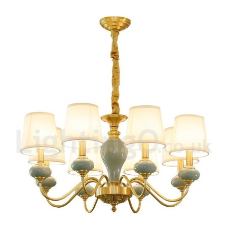Pure Brass Luxurious Rustic Retro Vintage Brass Ceramics Pendant Candle Chandelier with Fabric Shades
