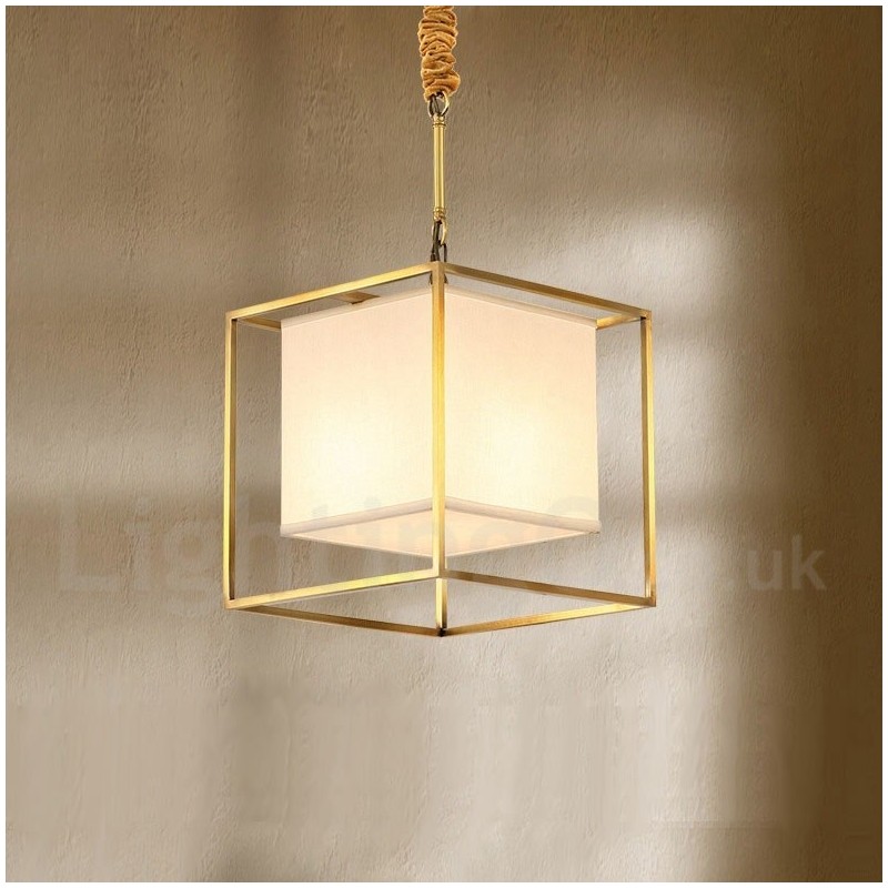 Pure Brass Simple Rustic Retro Vintage Brass Pendant Light with Fabric Shade