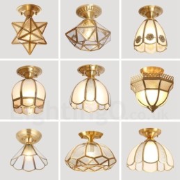 Pure Brass Rustic Lodge Nordic Style Flush Mount Ceiling Light with Glass Shade