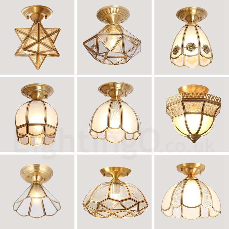 Pure Brass Rustic Lodge Nordic Style Flush Mount Ceiling Light with Glass Shade