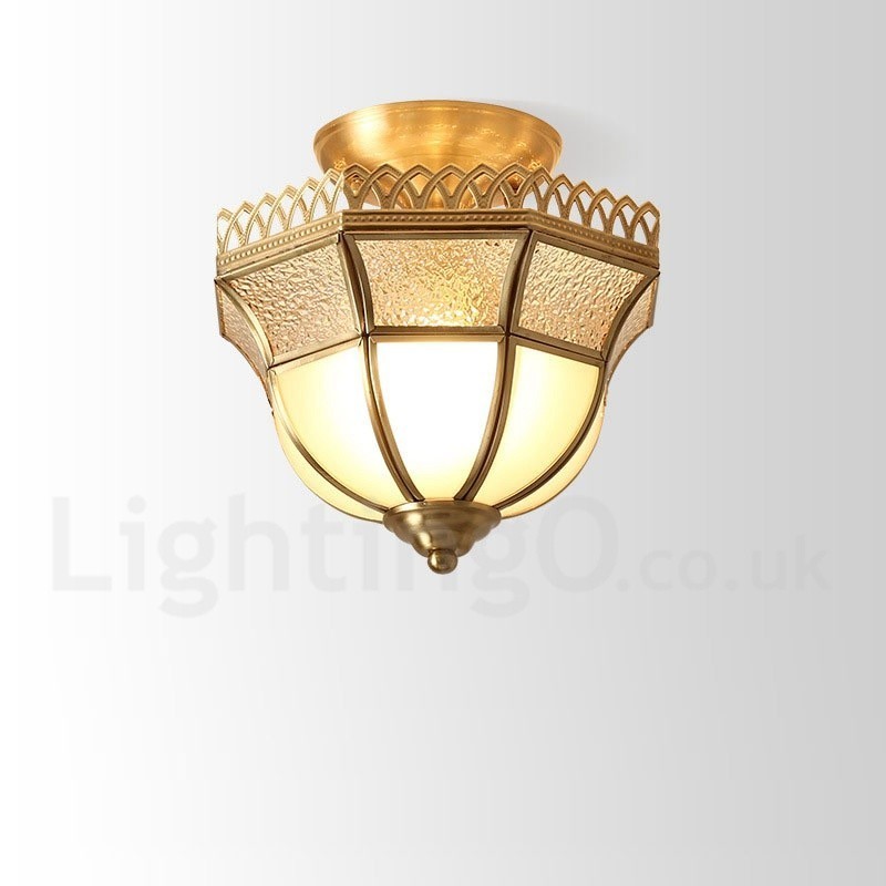 Pure Brass Rustic Lodge Nordic Style Flush Mount Ceiling Light with Glass Shade