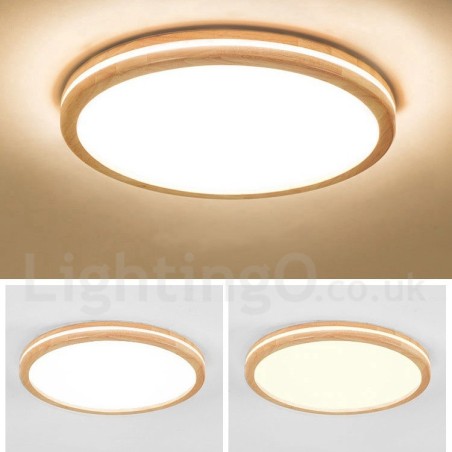 Dimmable Round Wooden with Lens Modern Contemporary Nordic Style Flush Mount Wood Ceiling Light with Acrylic Shade and Remote Control Also Can Be Used As Wall Light