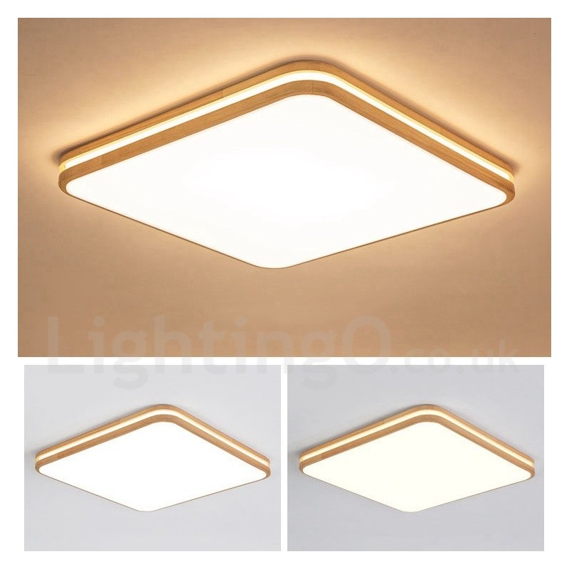Square Wooden with Lens Modern Contemporary Nordic Style Flush Mount Wood Ceiling Light with Acrylic Shade and Remote Control Also Can Be Used As Wall Light