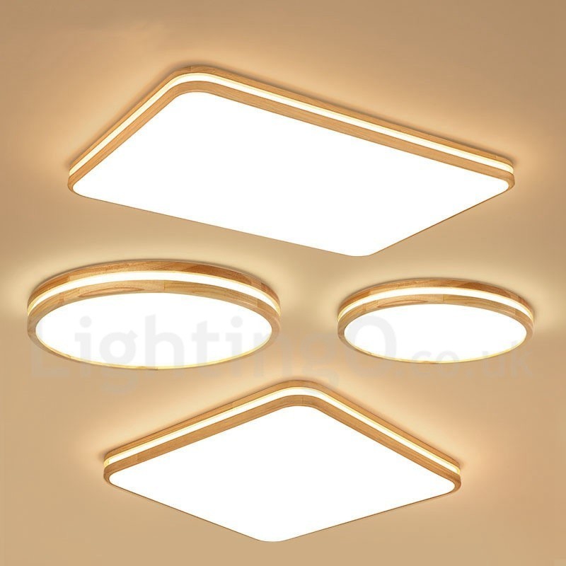 Square Wooden with Lens Modern Contemporary Nordic Style Flush Mount Wood Ceiling Light with Acrylic Shade and Remote Control Also Can Be Used As Wall Light