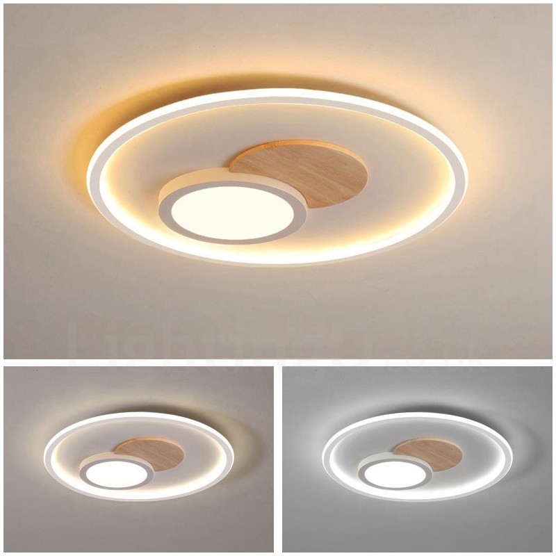 Wood Dimmable Modern Contemporary Nordic Style Flush Mount Round Ceiling Lights with Remote Control Also Can Be Used As Wall Light