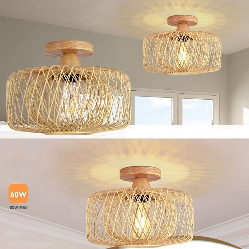 Retro Double Layer Ceiling Lamp Handwoven Bamboo Lampshade Ceiling Light